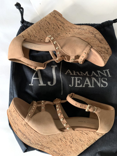 ExBrands- suede platform statement sandals with gold tone studs